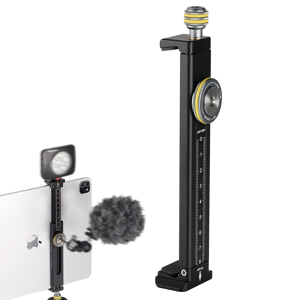 Aluminum iPad Holder for Tripod Mount, Universal Phone Tablet Clamp Tripod  Adapter Bracket w Cold Shoe Mount 1/4 inch Screw and Acra Swiss Rail for